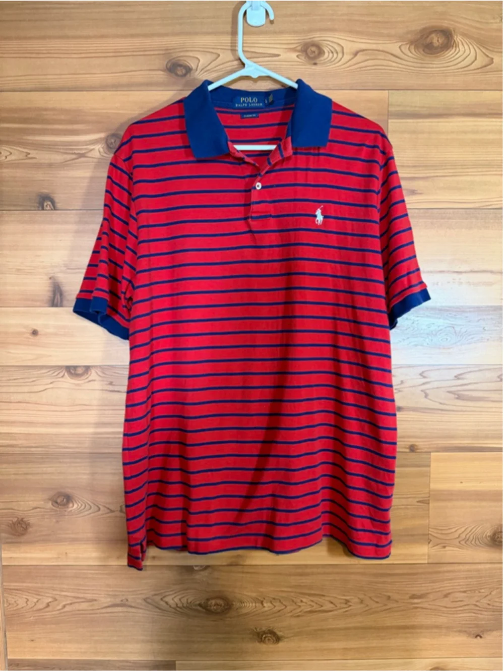 Polo Ralph Lauren classic fit red navy blue striped short sleeve cotton polo L